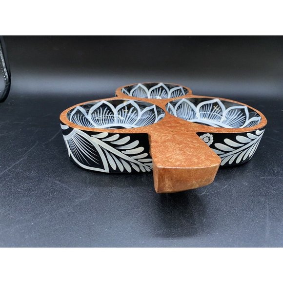 Hand Painted Puerto Vallarta Floral Mexican Folk Art Wooden 3 Section Nut Bowl - Picture 3 of 12